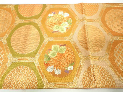 平和屋着物◎六通柄袋帯　駒刺繍　亀甲椿花丸文　金糸　正絹　逸品　DAAX7897qa