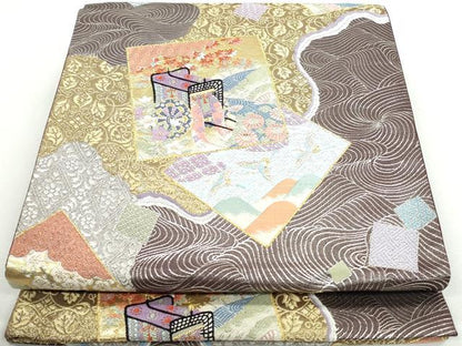 平和屋着物◎六通柄袋帯　唐織　大和絵色紙散し　金銀糸　正絹　逸品　DAAX7935qa