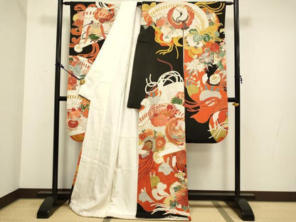 平和屋本店●アンティーク 大正ロマン お引きずり・お引き摺り・引き振袖 和装 衣装 駒刺繍 檜扇吉祥花鳥文 黒地 金彩 逸品 DAAX8001du