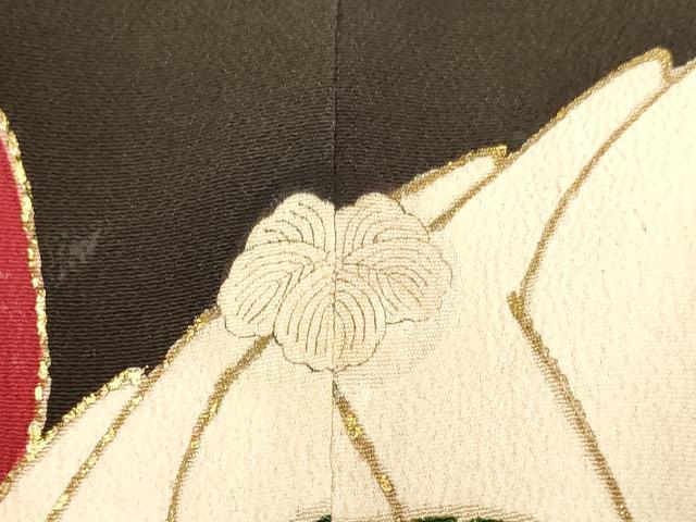 平和屋本店●アンティーク 大正ロマン お引きずり・お引き摺り・引き振袖 和装 衣装 駒刺繍 檜扇吉祥花鳥文 黒地 金彩 逸品 DAAX8001du