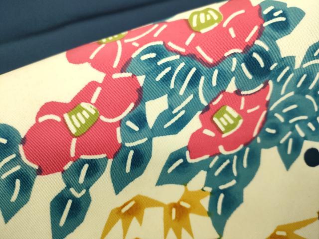 平和屋着物○塩瀬 九寸名古屋帯 型染 雪輪椿文 正絹 逸品