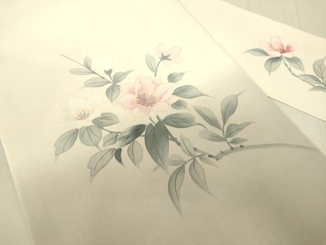 平和屋着物●塩瀬　九寸名古屋帯　手描き　枝花文　正絹　逸品　DAAX8422du