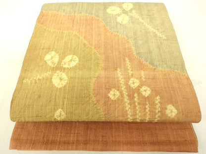 平和屋着物●六通柄袋帯 作家物 生紬 絞り 草花文 正絹 逸品 DAAX8437du