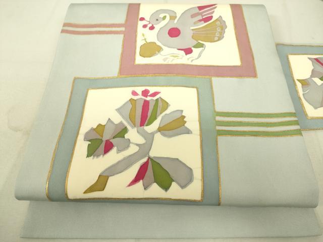 平和屋着物●塩瀬　九寸名古屋帯　ろうけつ染め　花鳥文　金糸　正絹　逸品　DAAX8442du