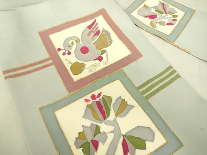 平和屋着物●塩瀬　九寸名古屋帯　ろうけつ染め　花鳥文　金糸　正絹　逸品　DAAX8442du