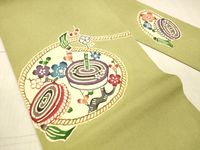 平和屋着物●九寸名古屋帯 紅型 独楽 枝花文 鬼しぼ縮緬 正絹 逸品 DAAX8526cm