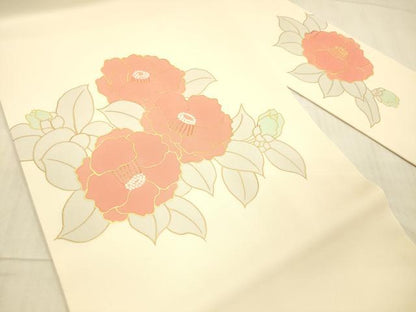 平和屋着物●塩瀬　九寸名古屋帯　駒刺繍　草花文　金彩　正絹　逸品　DAAX8548cm