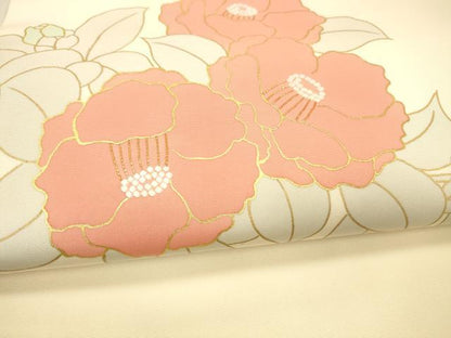 平和屋着物●塩瀬　九寸名古屋帯　駒刺繍　草花文　金彩　正絹　逸品　DAAX8548cm