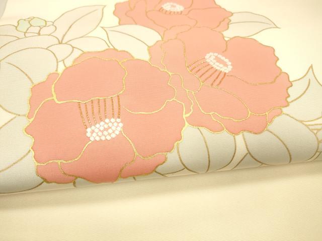 平和屋着物●塩瀬　九寸名古屋帯　駒刺繍　草花文　金彩　正絹　逸品　DAAX8548cm