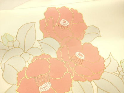 平和屋着物●塩瀬　九寸名古屋帯　駒刺繍　草花文　金彩　正絹　逸品　DAAX8548cm