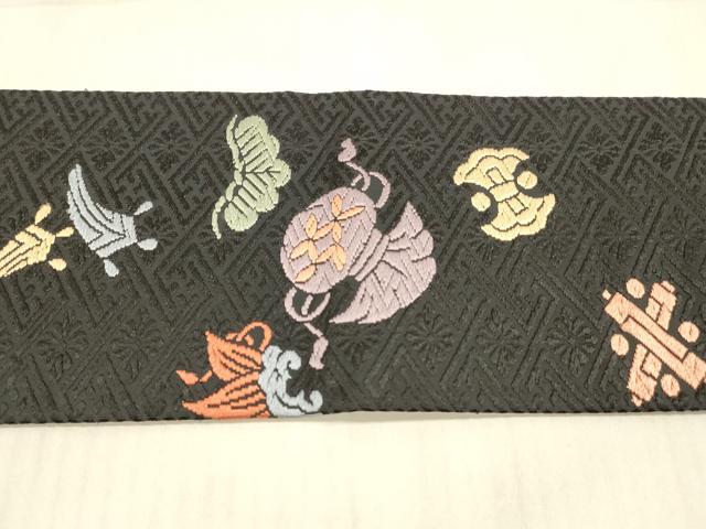 平和屋着物●九寸名古屋帯　唐織　宝尽くし松文　黒地　正絹　逸品　DAAX8554cm