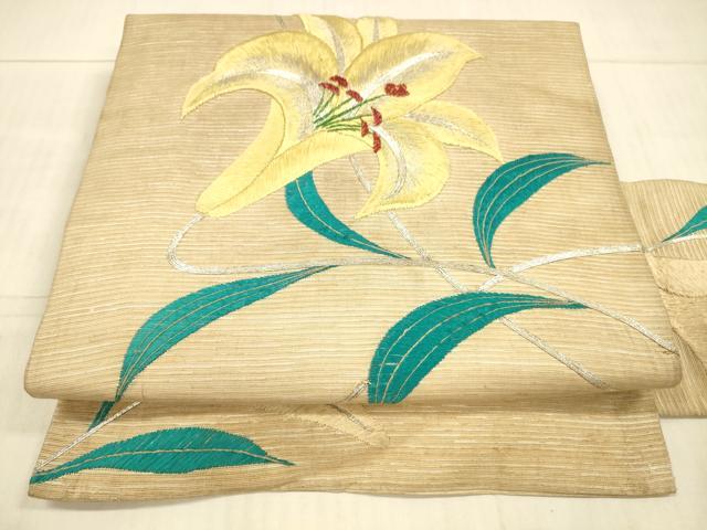 平和屋着物＊夏物 アンティーク 大正ロマン 九寸名古屋帯 駒刺繍 総刺繍 手刺繍 草花文 銀糸 正絹 逸品 DAAX8611cm