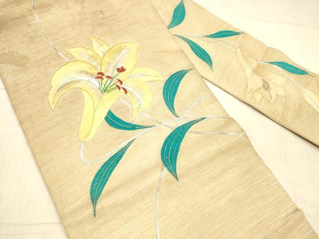平和屋着物＊夏物 アンティーク 大正ロマン 九寸名古屋帯 駒刺繍 総刺繍 手刺繍 草花文 銀糸 正絹 逸品 DAAX8611cm