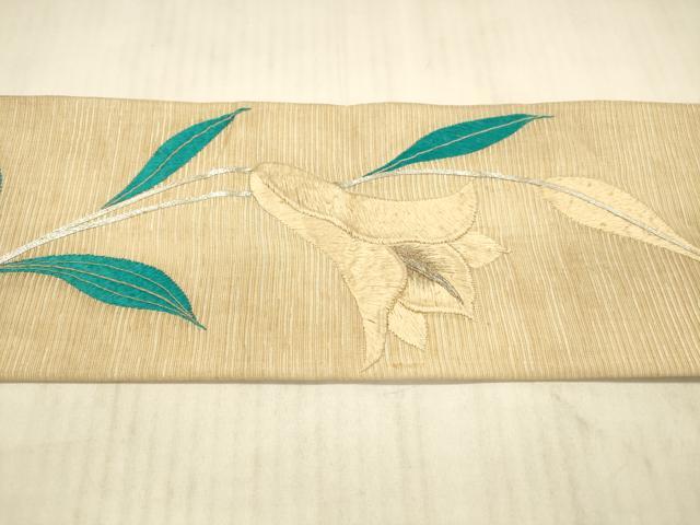 平和屋着物＊夏物 アンティーク 大正ロマン 九寸名古屋帯 駒刺繍 総刺繍 手刺繍 草花文 銀糸 正絹 逸品 DAAX8611cm