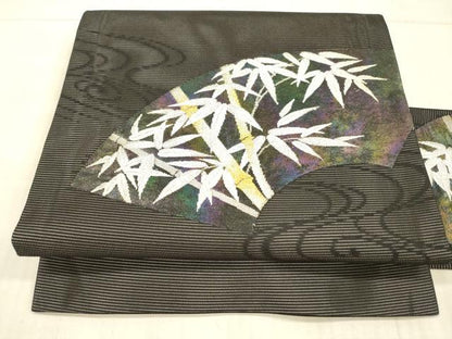 平和屋着物＊夏物 九寸名古屋帯 流水地紙笹竹文 黒地 金銀糸 正絹 逸品 DAAX8619cm
