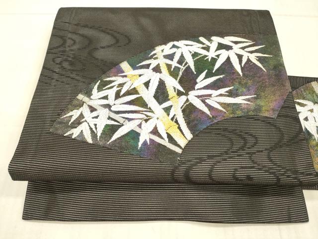 平和屋着物＊夏物 九寸名古屋帯 流水地紙笹竹文 黒地 金銀糸 正絹 逸品 DAAX8619cm