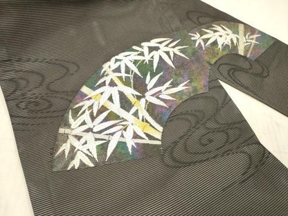 平和屋着物＊夏物 九寸名古屋帯 流水地紙笹竹文 黒地 金銀糸 正絹 逸品 DAAX8619cm