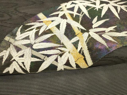 平和屋着物＊夏物 九寸名古屋帯 流水地紙笹竹文 黒地 金銀糸 正絹 逸品 DAAX8619cm