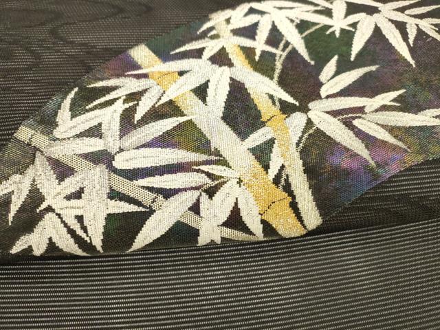 平和屋着物＊夏物 九寸名古屋帯 流水地紙笹竹文 黒地 金銀糸 正絹 逸品 DAAX8619cm