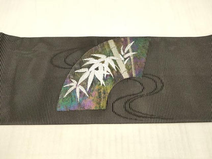 平和屋着物＊夏物 九寸名古屋帯 流水地紙笹竹文 黒地 金銀糸 正絹 逸品 DAAX8619cm