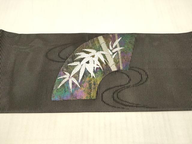 平和屋着物＊夏物 九寸名古屋帯 流水地紙笹竹文 黒地 金銀糸 正絹 逸品 DAAX8619cm