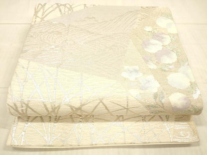 平和屋着物＊夏物 六通柄袋帯 流水草花文 銀糸 正絹 逸品 DAAX8642cm