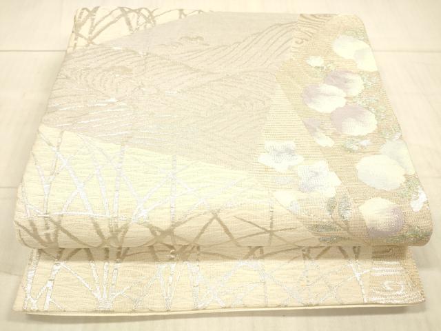 平和屋着物＊夏物 六通柄袋帯 流水草花文 銀糸 正絹 逸品 DAAX8642cm