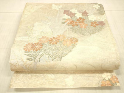 平和屋着物＊夏物 六通柄袋帯 流水草花文 金銀糸 正絹 逸品 DAAX8643cm
