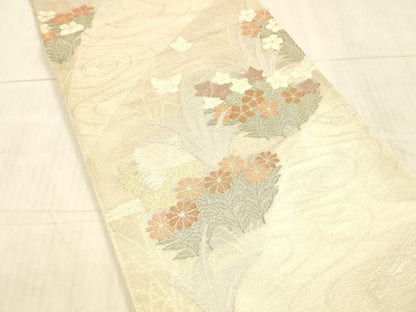 平和屋着物＊夏物 六通柄袋帯 流水草花文 金銀糸 正絹 逸品 DAAX8643cm