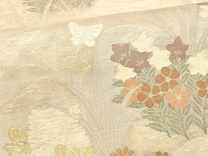 平和屋着物＊夏物 六通柄袋帯 流水草花文 金銀糸 正絹 逸品 DAAX8643cm
