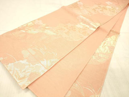 平和屋着物＊夏物 六通柄袋帯 流水草花文 金糸 正絹 逸品 DAAX8644cm