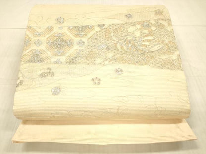 平和屋着物＊夏物 太鼓柄袋帯 総刺繍 花鳥文 銀糸 正絹 逸品 DAAX8645cm