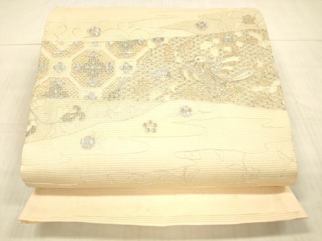 平和屋着物＊夏物 太鼓柄袋帯 総刺繍 花鳥文 銀糸 正絹 逸品 DAAX8645cm
