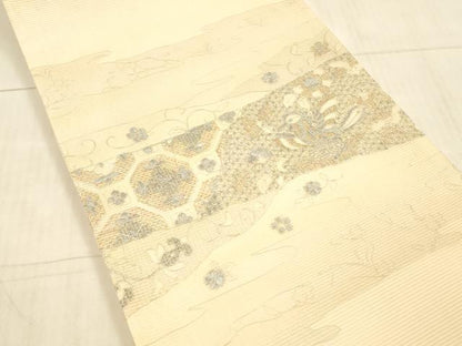 平和屋着物＊夏物 太鼓柄袋帯 総刺繍 花鳥文 銀糸 正絹 逸品 DAAX8645cm