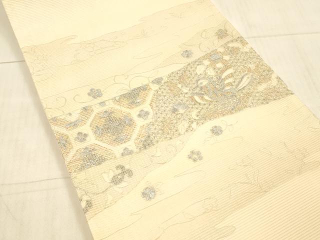 平和屋着物＊夏物 太鼓柄袋帯 総刺繍 花鳥文 銀糸 正絹 逸品 DAAX8645cm