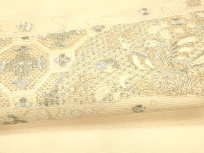 平和屋着物＊夏物 太鼓柄袋帯 総刺繍 花鳥文 銀糸 正絹 逸品 DAAX8645cm