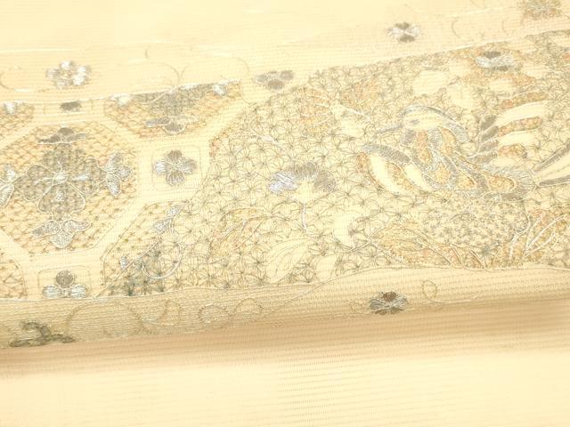 平和屋着物＊夏物 太鼓柄袋帯 総刺繍 花鳥文 銀糸 正絹 逸品 DAAX8645cm