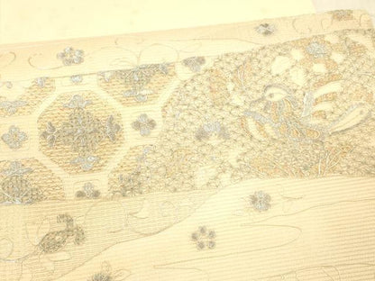平和屋着物＊夏物 太鼓柄袋帯 総刺繍 花鳥文 銀糸 正絹 逸品 DAAX8645cm