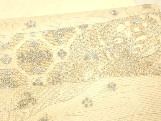 平和屋着物＊夏物 太鼓柄袋帯 総刺繍 花鳥文 銀糸 正絹 逸品 DAAX8645cm