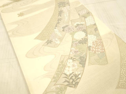 平和屋着物＊夏物 六通柄袋帯 唐織 青々庵 流水短冊草花文 正絹 逸品 DAAX8647cm