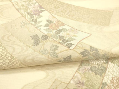平和屋着物＊夏物 六通柄袋帯 唐織 青々庵 流水短冊草花文 正絹 逸品 DAAX8647cm