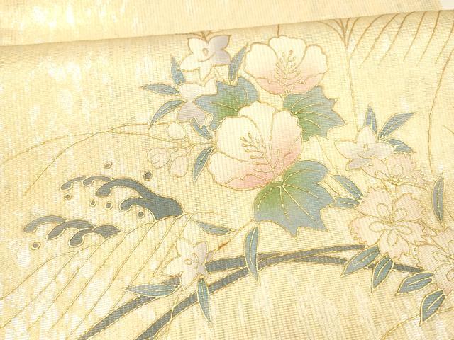 平和屋着物＊夏物　太鼓柄袋帯　流水草花文　金銀糸　正絹　逸品　DAAX8654cm
