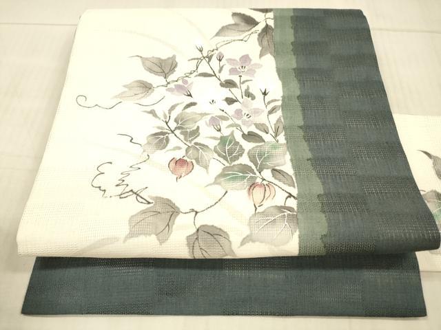 平和屋着物＊夏物 九寸名古屋帯 手描き 蔦の葉花文 正絹 逸品 DAAX8668cm