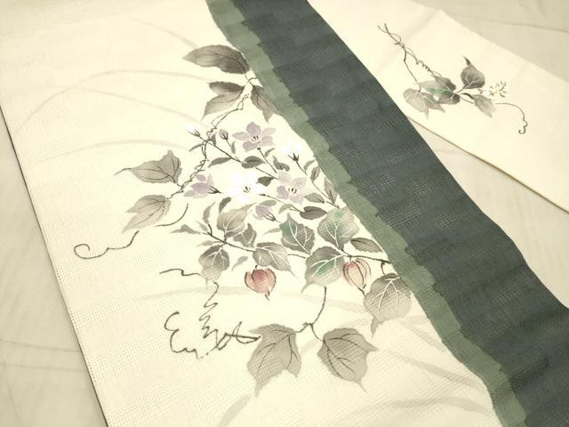 平和屋着物＊夏物 九寸名古屋帯 手描き 蔦の葉花文 正絹 逸品 DAAX8668cm