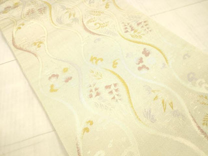 平和屋着物▽スリーシーズン 春夏秋 両面 六通柄袋帯 流水藤花房 舞花文 金銀糸 正絹 逸品 DAAX8675cm
