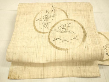 平和屋着物＊夏物 九寸名古屋帯 手描き 鳥獣戯画 麻 逸品 DAAX8677cm