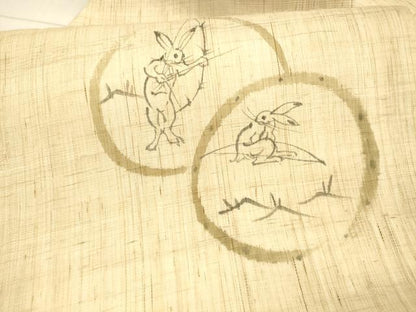 平和屋着物＊夏物 九寸名古屋帯 手描き 鳥獣戯画 麻 逸品 DAAX8677cm
