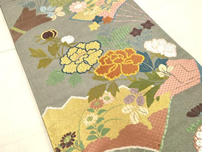 平和屋着物●六通柄袋帯　唐織　扇面草花文　金糸　正絹　逸品　DAAX8706cm