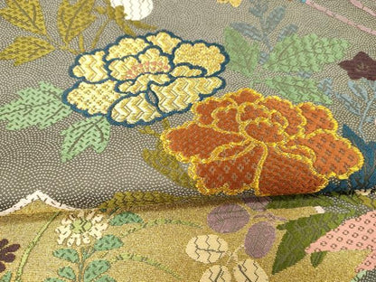 平和屋着物●六通柄袋帯　唐織　扇面草花文　金糸　正絹　逸品　DAAX8706cm