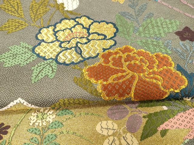 平和屋着物●六通柄袋帯　唐織　扇面草花文　金糸　正絹　逸品　DAAX8706cm